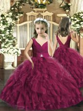 Amazing Burgundy Backless Girls Pageant Dresses Beading and Ruffles Sleeveless Floor Length