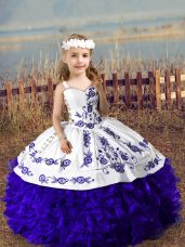 Attractive Purple Organza Lace Up Straps Sleeveless Floor Length Little Girls Pageant Gowns Embroidery and Ruffles