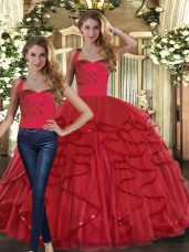 Free and Easy Two Pieces Quinceanera Dress Red Straps Tulle Sleeveless Floor Length Lace Up