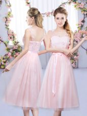 Baby Pink Empire V-neck Sleeveless Tulle Tea Length Lace Up Lace and Belt Vestidos de Damas