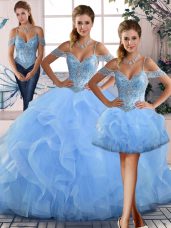 Chic Blue Tulle Lace Up Quinceanera Dresses Sleeveless Floor Length Beading and Ruffles
