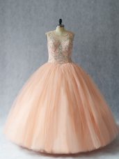 Stunning Sleeveless Tulle Floor Length Lace Up Quinceanera Gowns in Peach with Beading