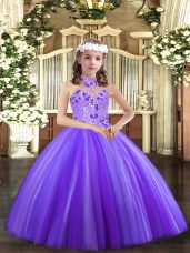 Fashion Lavender Ball Gowns Halter Top Sleeveless Tulle Floor Length Lace Up Appliques Child Pageant Dress