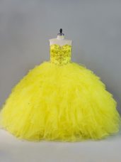 Beading and Ruffles Quinceanera Gown Yellow Lace Up Sleeveless Floor Length