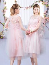 Most Popular Sleeveless Lace Up Tea Length Appliques and Belt Quinceanera Court of Honor Dress