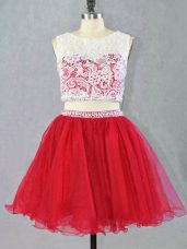 Scoop Sleeveless Prom Dress Mini Length Lace and Appliques Red Organza