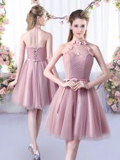 Pink Sleeveless Knee Length Appliques and Belt Lace Up Bridesmaid Gown