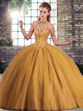 Fitting Lace Up 15th Birthday Dress Brown for Military Ball and Sweet 16 and Quinceanera with Beading Brush Train