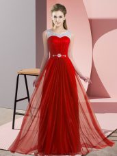 Red Empire Scoop Sleeveless Chiffon Floor Length Lace Up Beading Bridesmaid Dress