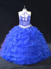 Sophisticated Floor Length Backless Quince Ball Gowns Blue for Sweet 16 and Quinceanera with Beading and Appliques