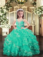 Fashionable Turquoise Sleeveless Organza Lace Up Little Girls Pageant Dress for Party and Wedding Party