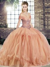 Unique Peach Sleeveless Floor Length Beading and Ruffles Lace Up Quinceanera Gowns