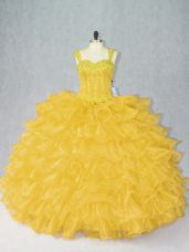 Dazzling Ball Gowns 15 Quinceanera Dress Gold Straps Organza Sleeveless Floor Length Lace Up