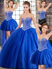 Blue Sweet 16 Dresses Tulle Brush Train Sleeveless Beading
