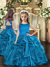 Classical Blue Ball Gowns Organza Scoop Sleeveless Ruffles Floor Length Lace Up Pageant Dress for Girls