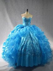 Lovely Baby Blue Ball Gowns Embroidery and Ruffles Quince Ball Gowns Lace Up Organza Sleeveless Floor Length