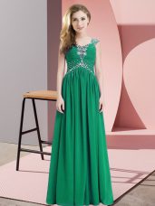 Cap Sleeves Chiffon Floor Length Lace Up Homecoming Dress in Green with Beading