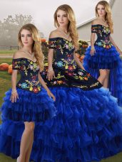 Beauteous Organza Off The Shoulder Sleeveless Lace Up Embroidery and Ruffled Layers Quinceanera Gowns in Blue And Black