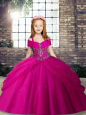 Floor Length Fuchsia Little Girls Pageant Gowns Straps Sleeveless Lace Up