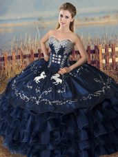 Edgy Sweetheart Sleeveless Quince Ball Gowns Floor Length Embroidery and Ruffles Navy Blue Satin and Organza