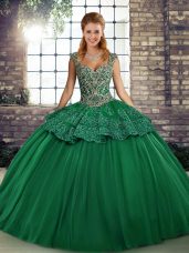Trendy Green Sleeveless Beading and Appliques Floor Length Quinceanera Dress