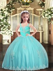 Custom Designed Aqua Blue Tulle Lace Up Straps Sleeveless Floor Length Pageant Gowns For Girls Appliques