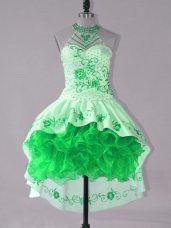 Unique Sleeveless Lace Up High Low Embroidery and Ruffles Celebrity Dress