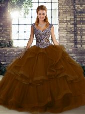 Brown Tulle Lace Up Sweet 16 Dress Sleeveless Floor Length Beading and Ruffles