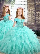 Aqua Blue Lace Up Straps Beading and Ruffles Little Girl Pageant Dress Organza Sleeveless