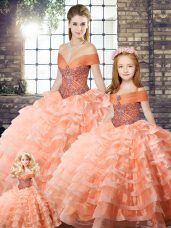 Gorgeous Off The Shoulder Sleeveless Organza Sweet 16 Quinceanera Dress Beading and Ruffled Layers Brush Train Lace Up