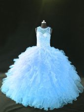Blue and Light Blue Sleeveless Appliques and Ruffles Quinceanera Dresses