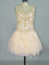 Champagne Lace Up Spaghetti Straps Beading and Ruffles Prom Dress Tulle Sleeveless