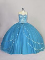 Fantastic Lace Up Quinceanera Gown Blue for Sweet 16 and Quinceanera with Beading Brush Train