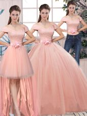 Pink Ball Gown Prom Dress Military Ball and Sweet 16 and Quinceanera with Lace and Hand Made Flower Off The Shoulder Short Sleeves Lace Up