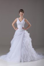Wonderful White Wedding Gown V-neck Sleeveless Brush Train Lace Up