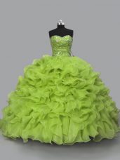 Yellow Green Halter Top Neckline Beading and Ruffles Quinceanera Dress Sleeveless Lace Up