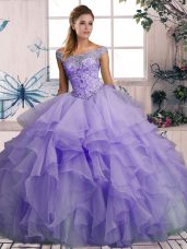Clearance Lavender Ball Gowns Off The Shoulder Sleeveless Organza Floor Length Lace Up Beading and Ruffles Quinceanera Gowns