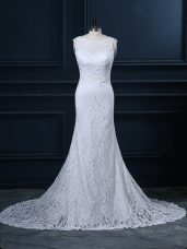 Edgy White Sleeveless Brush Train Lace Wedding Gown
