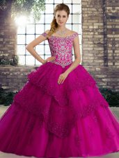 Romantic Fuchsia Lace Up Quince Ball Gowns Beading and Lace Sleeveless Brush Train