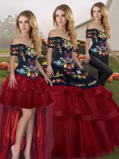 Great Wine Red Sleeveless Brush Train Embroidery and Ruffled Layers Quince Ball Gowns