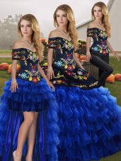 Delicate Embroidery and Ruffled Layers Sweet 16 Dresses Blue And Black Lace Up Sleeveless Floor Length