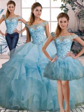 Light Blue Sleeveless Floor Length Beading and Ruffles Lace Up Quinceanera Dress