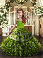 Beautiful Olive Green Little Girl Pageant Dress Party and Wedding Party with Ruffles Straps Sleeveless Lace Up