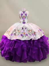 Adorable White And Purple Sleeveless Embroidery Floor Length Sweet 16 Dress