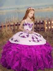 Latest Embroidery and Ruffles Pageant Gowns For Girls Fuchsia Lace Up Sleeveless Floor Length
