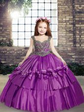 Purple Straps Neckline Beading Girls Pageant Dresses Sleeveless Lace Up