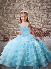 Baby Blue Lace Up Straps Beading and Ruffled Layers Kids Formal Wear Organza Sleeveless