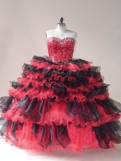 Pretty Red And Black Ball Gowns Organza Sweetheart Sleeveless Beading and Ruffled Layers Floor Length Lace Up Vestidos de Quinceanera