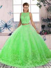 Pretty Scalloped Sleeveless Tulle Ball Gown Prom Dress Lace Sweep Train Backless