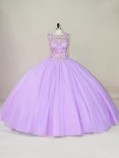 Sleeveless Tulle Floor Length Lace Up Quinceanera Dresses in Lavender with Beading
